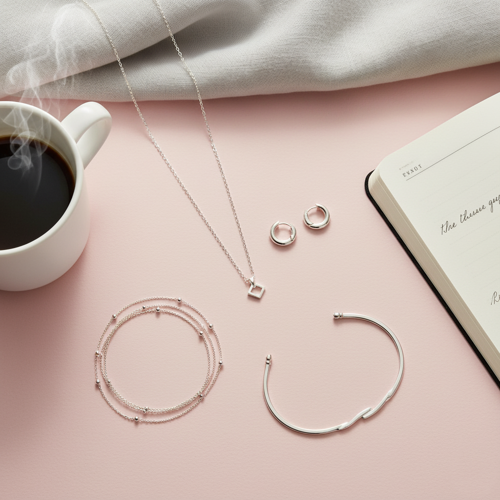 Minimalist 925 silver necklace, earrings, bracelet, and anklets flat-lay on white background