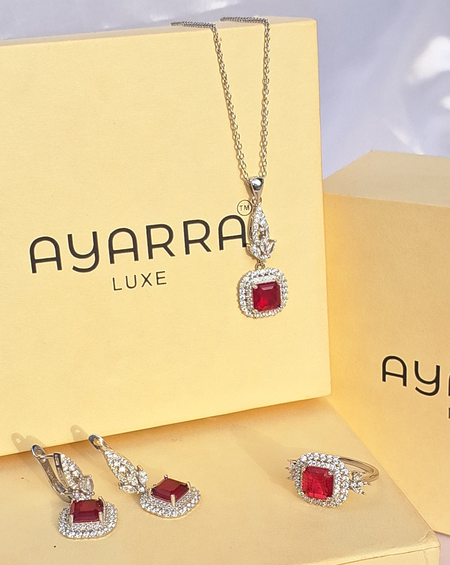 925 Silver Ruby Red Stone Jewelry Set with Pendant Necklace, Earrings & Ring size (  ruby 6 number , sapphire 8 number )