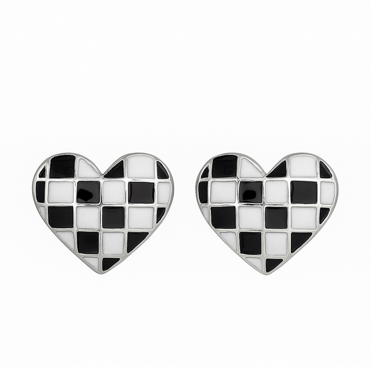 925 Silver Checkerboard Heart Enamel Stud Earrings in Black & White