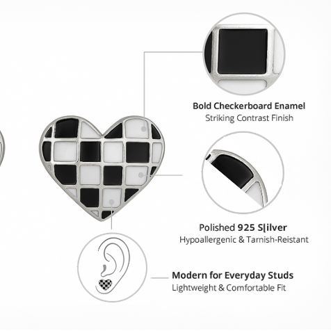 925 Silver Checkerboard Heart Enamel Stud Earrings in Black & White
