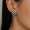 925 Silver Checkerboard Heart Enamel Stud Earrings in Black & White
