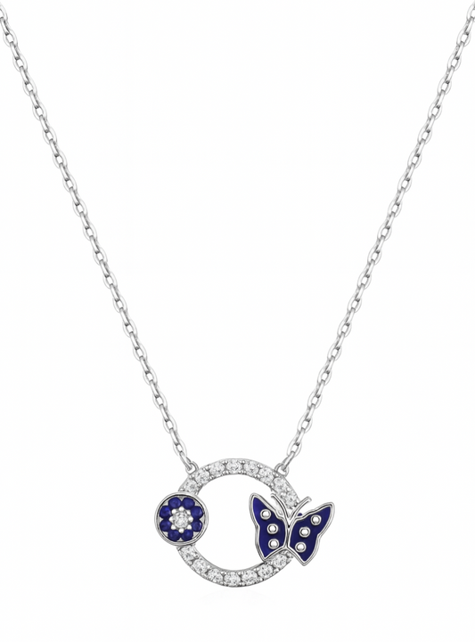 925 Sterling Silver Blue Enamel Butterfly & Floral Charm Necklace