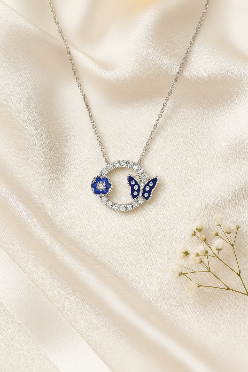 925 Sterling Silver Blue Enamel Butterfly & Floral Charm Necklace