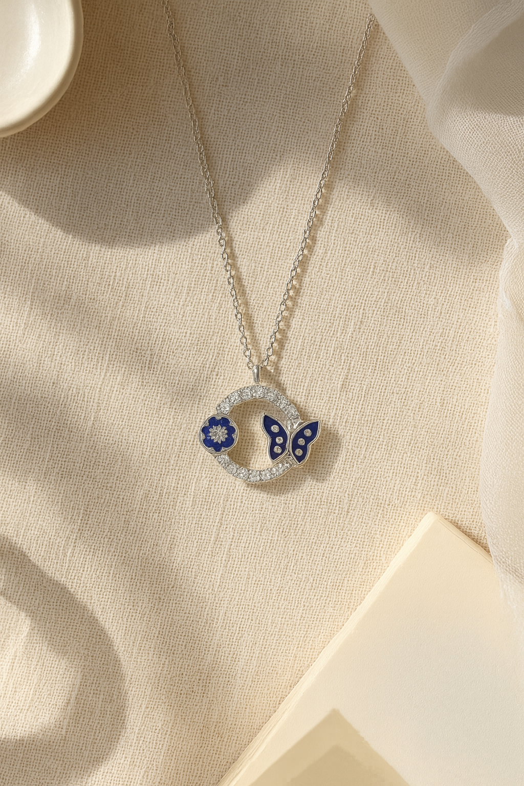 925 Sterling Silver Blue Enamel Butterfly & Floral Charm Necklace
