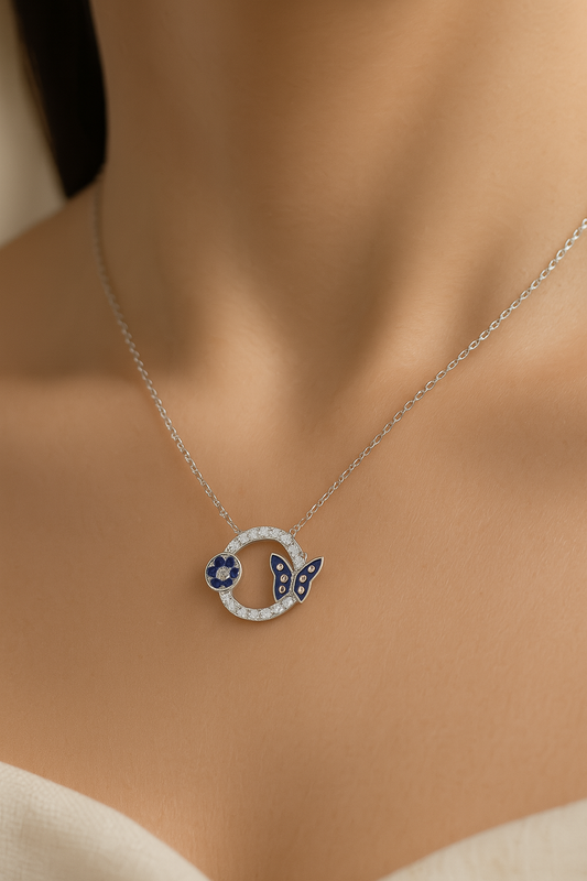 925 Sterling Silver Blue Enamel Butterfly & Floral Charm Necklace