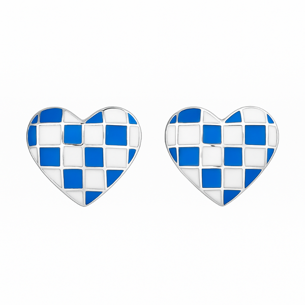 925 Silver Checkerboard Heart Enamel Stud Earrings in Black & White