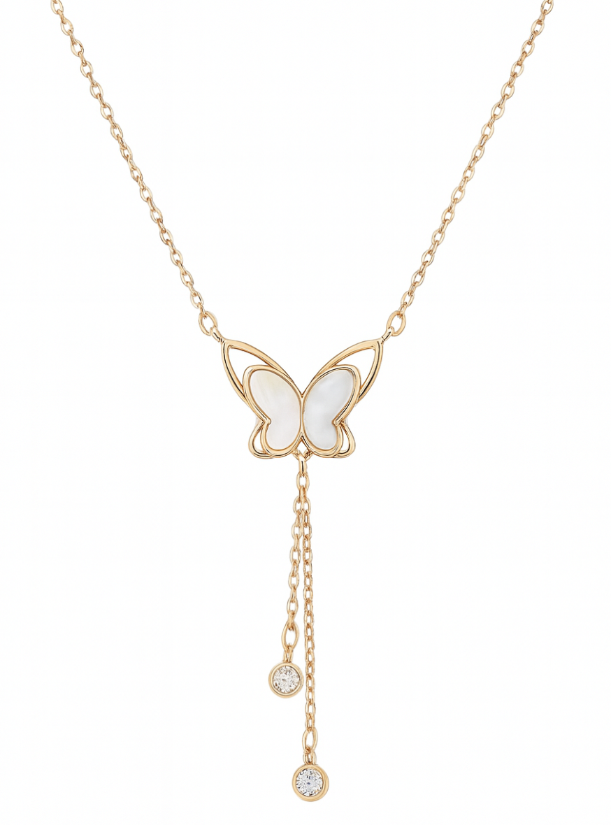 925 Sterling Silver Mother of Pearl Butterfly Necklace with Dual Zircon Drops in rose Gold Finish