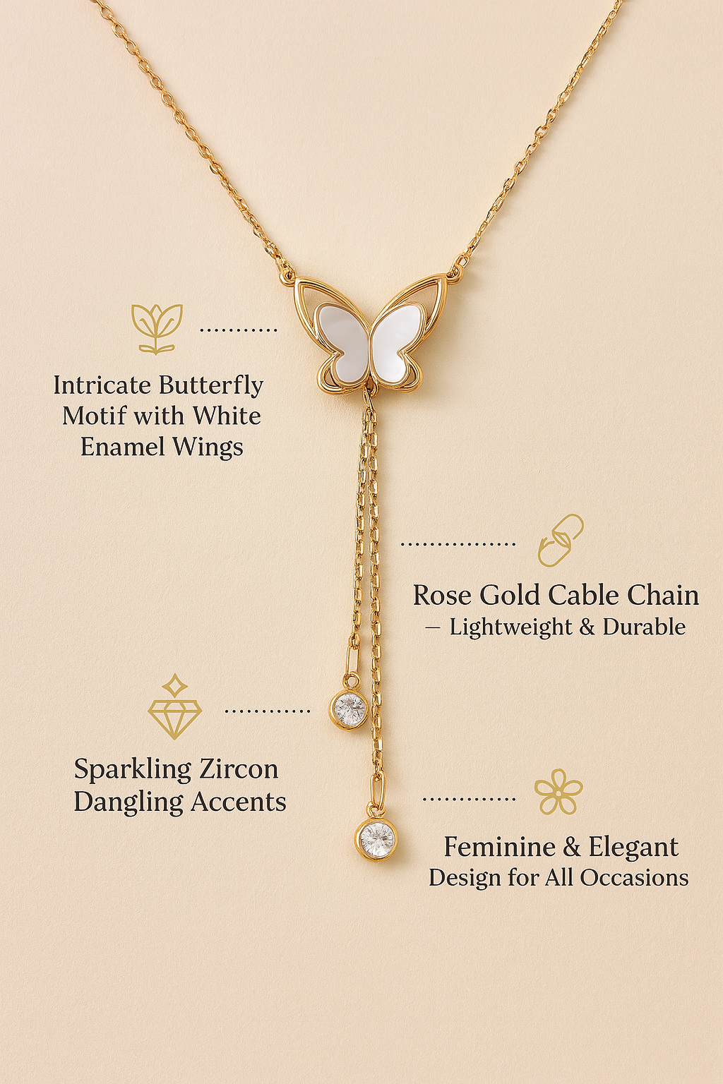 925 Sterling Silver Mother of Pearl Butterfly Necklace with Dual Zircon Drops in rose Gold Finish