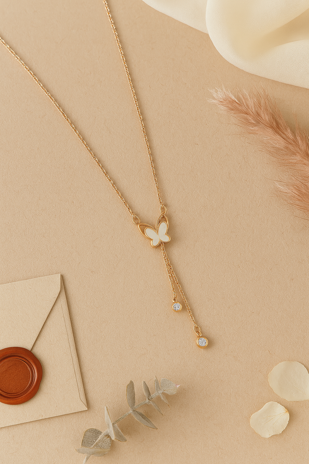 925 Sterling Silver Mother of Pearl Butterfly Necklace with Dual Zircon Drops in rose Gold Finish