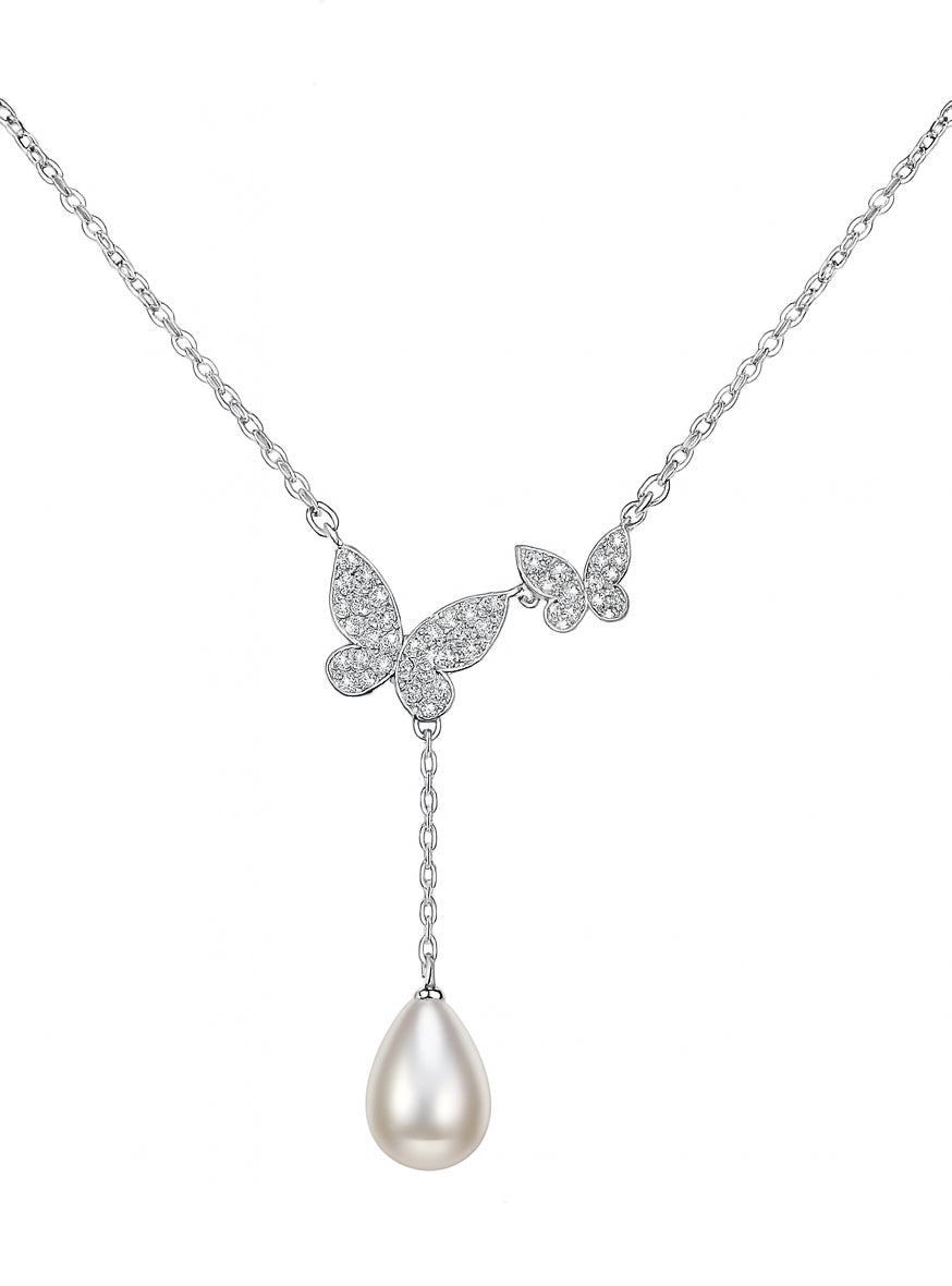 925 Sterling Silver Butterfly Necklace with CZ Stones & Teardrop Pearl Pendant