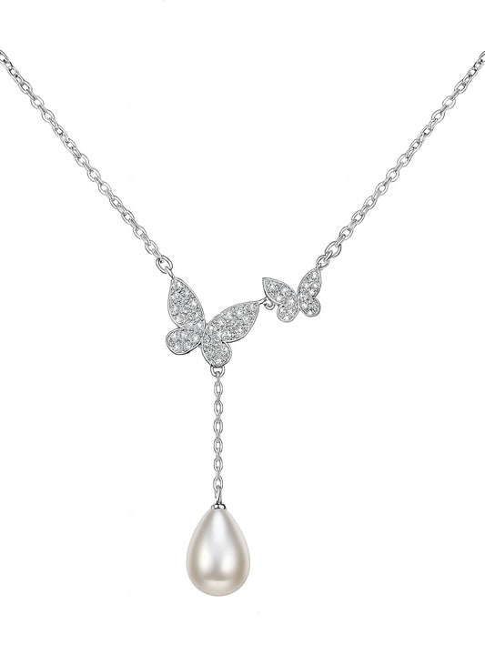 925 Sterling Silver Butterfly Necklace with CZ Stones & Teardrop Pearl Pendant