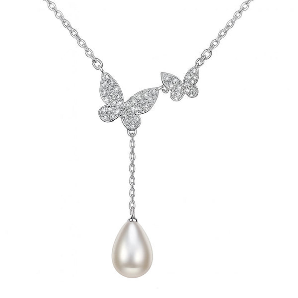 925 Sterling Silver Butterfly Necklace with CZ Stones & Teardrop Pearl Pendant