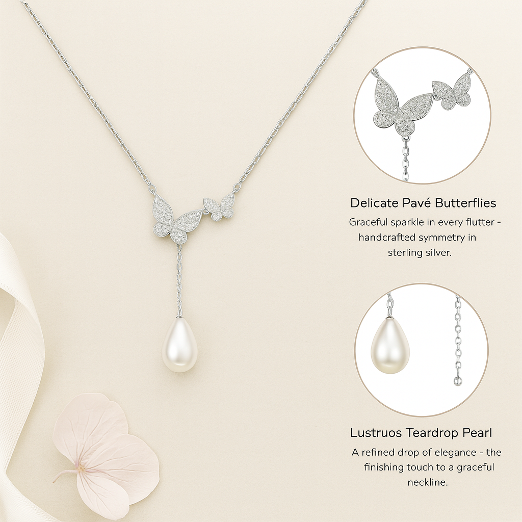 925 Sterling Silver Butterfly Necklace with CZ Stones & Teardrop Pearl Pendant