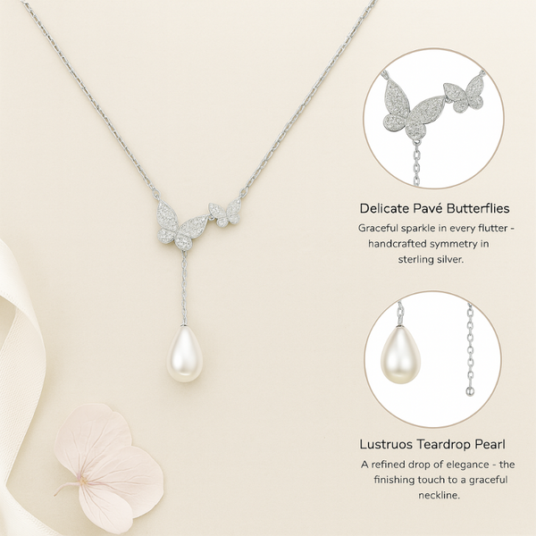 925 Sterling Silver Butterfly Necklace with CZ Stones & Teardrop Pearl Pendant
