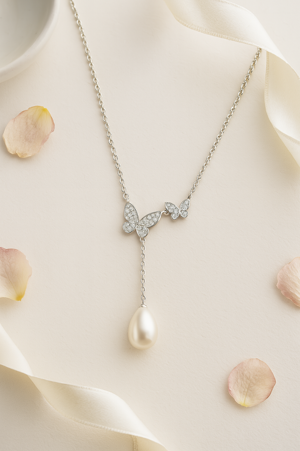 925 Sterling Silver Butterfly Necklace with CZ Stones & Teardrop Pearl Pendant