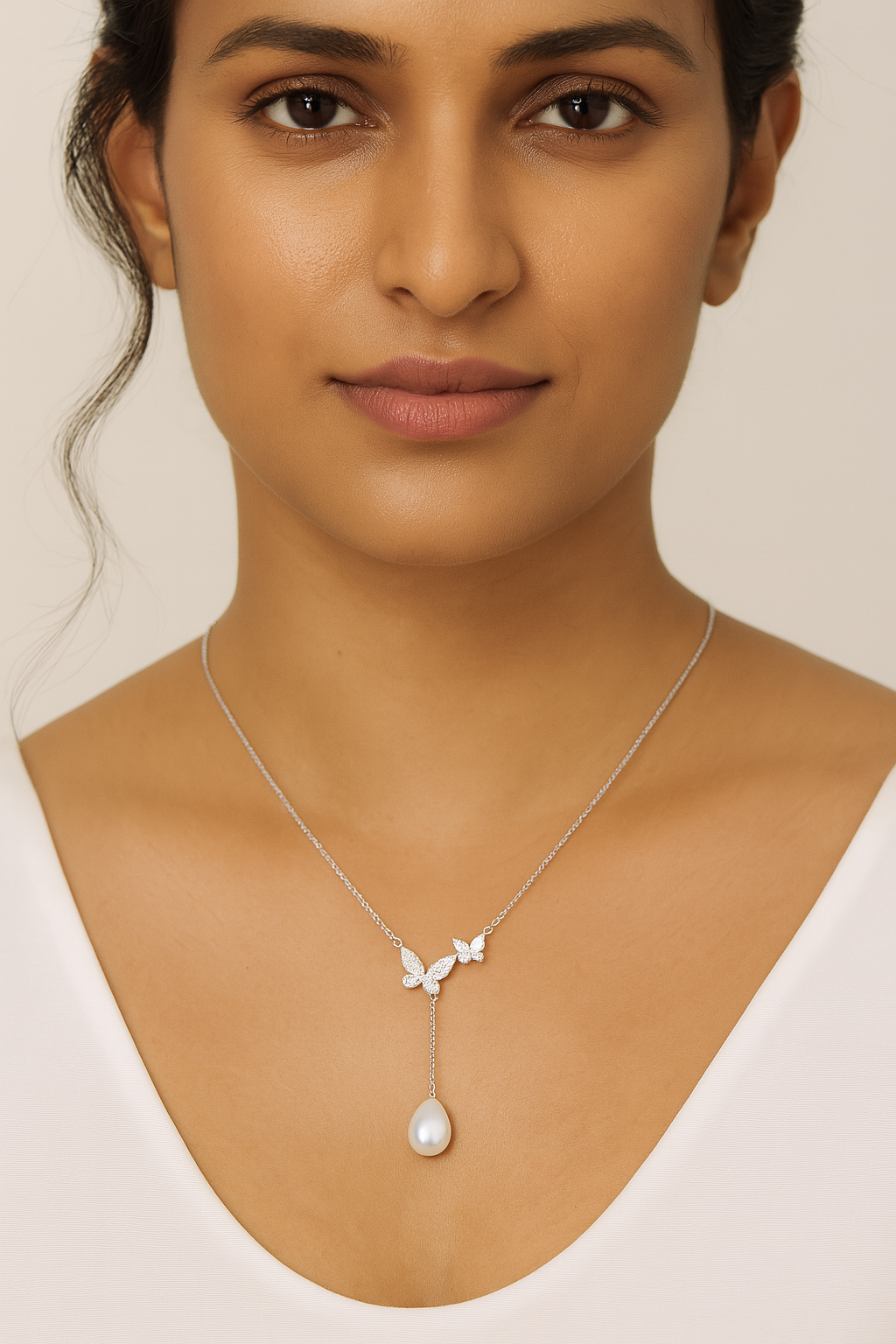 925 Sterling Silver Butterfly Necklace with CZ Stones & Teardrop Pearl Pendant