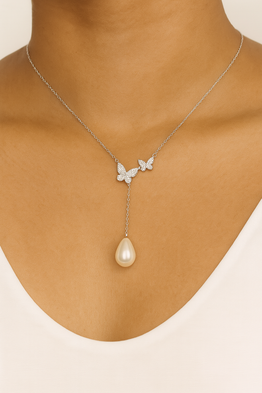 925 Sterling Silver Butterfly Necklace with CZ Stones & Teardrop Pearl Pendant