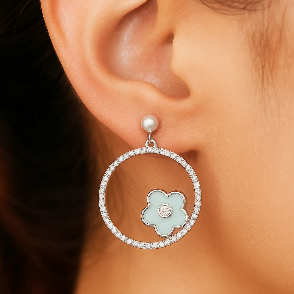 925 Silver Hoop Earrings with Pearl Stud & Enamel Floral Charm