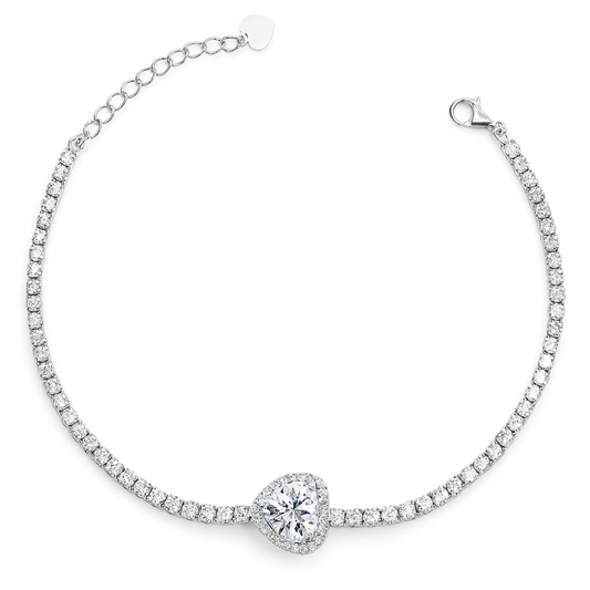 925 Silver Tennis Bracelet with Heart-Shaped CZ Center