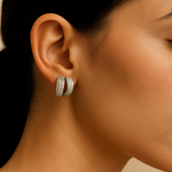 925 Silver Chunky Half-Hoop Earrings with Frosted Enamel & CZ Pavé