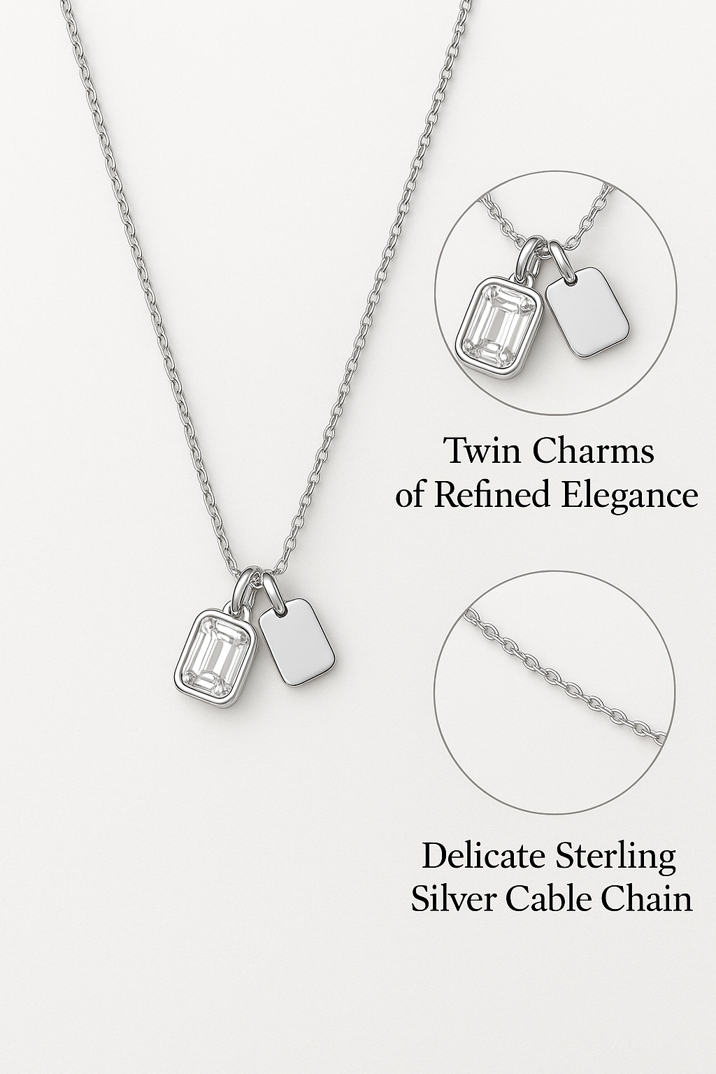 925 Sterling Silver Dual Charm Necklace with Emerald-Cut CZ & Minimal Tag
