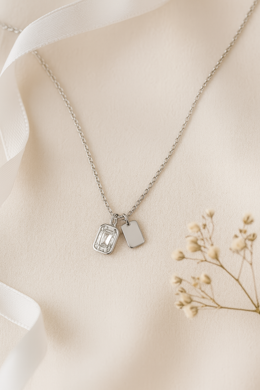 925 Sterling Silver Dual Charm Necklace with Emerald-Cut CZ & Minimal Tag
