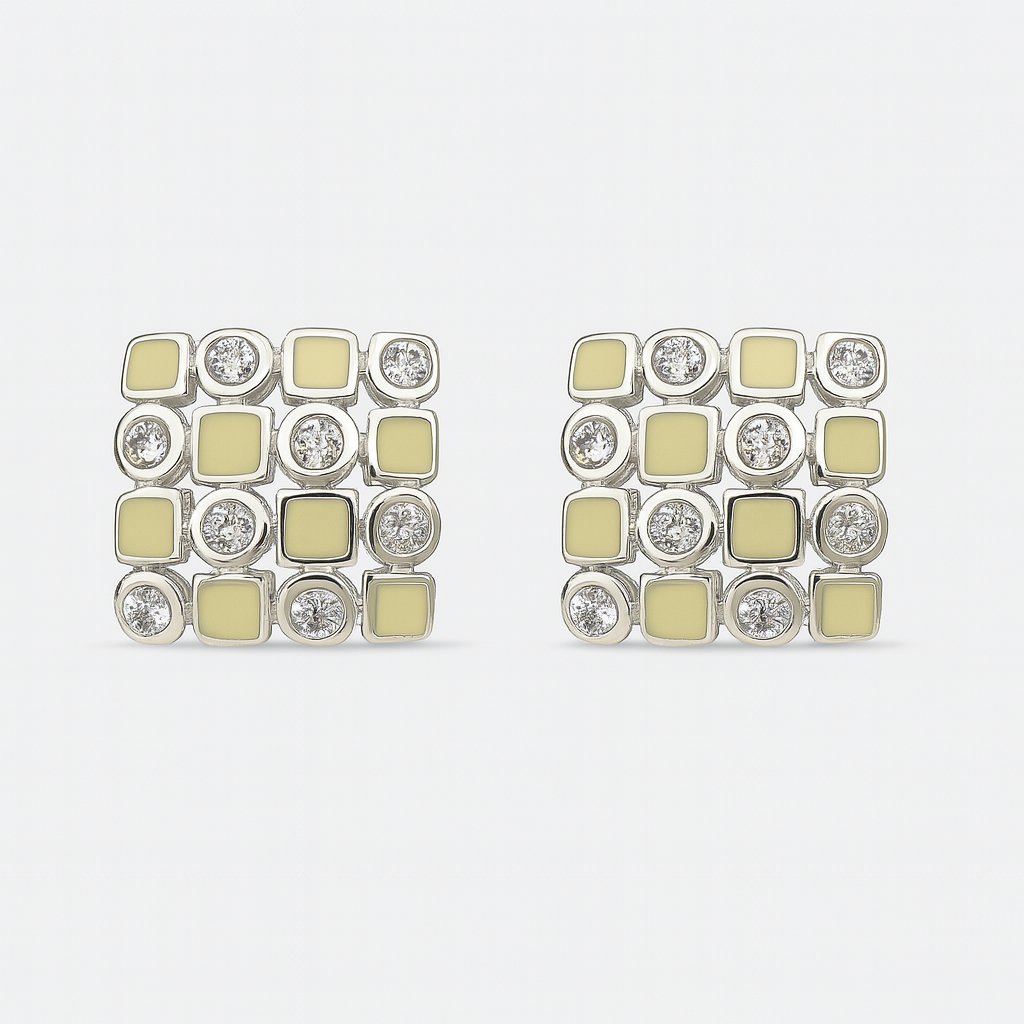 925 Silver Mosaic Stud Earrings with Black Enamel & CZ Accents