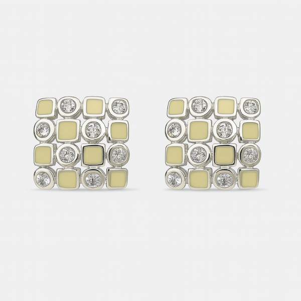 925 Silver Mosaic Stud Earrings with Black Enamel & CZ Accents