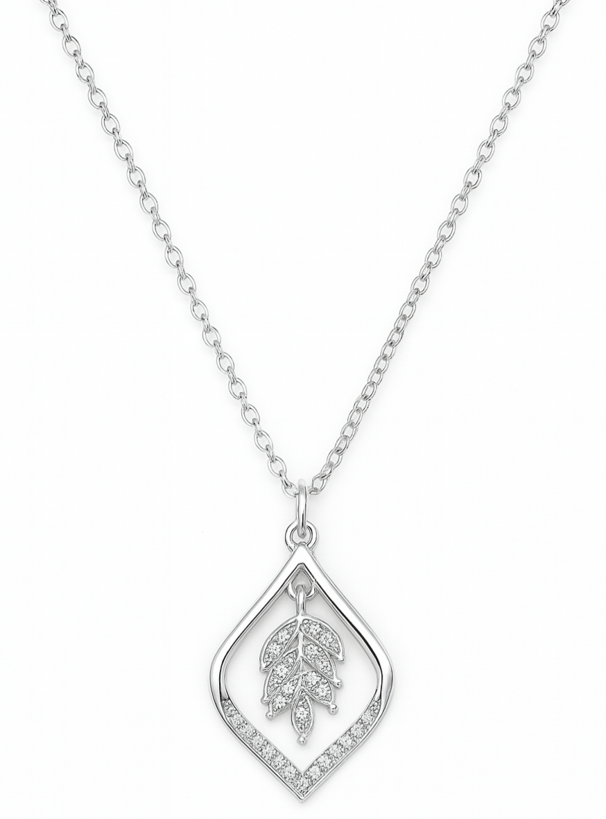 925 Sterling Silver Leaf Pendant Necklace with Sparkling CZ Accents