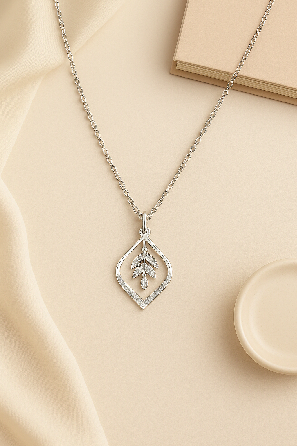 925 Sterling Silver Leaf Pendant Necklace with Sparkling CZ Accents