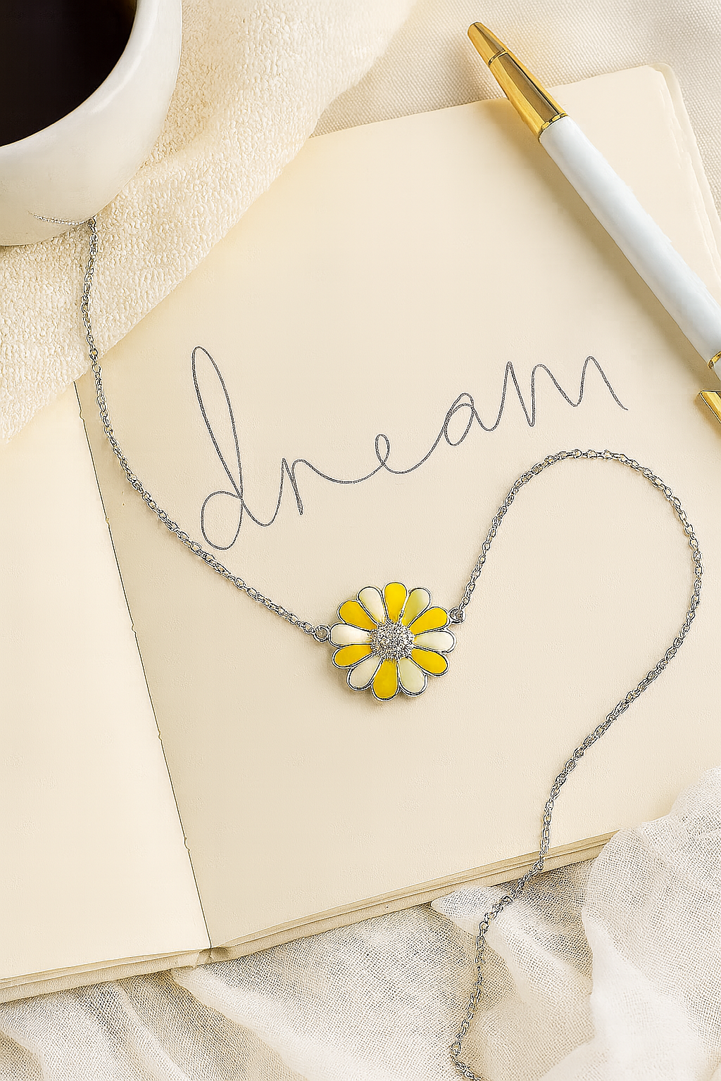 925 Sterling Silver Daisy Flower Pendant Necklace in Yellow & Ivory Enamel