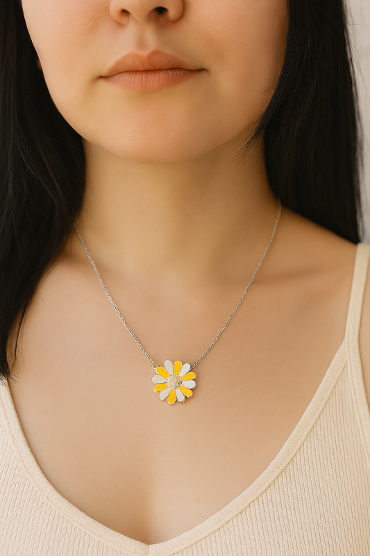 925 Sterling Silver Daisy Flower Pendant Necklace in Yellow & Ivory Enamel