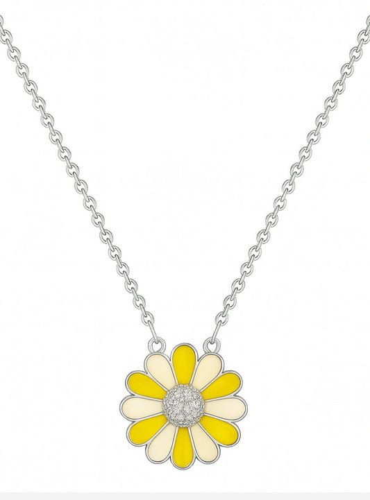 925 Sterling Silver Daisy Flower Pendant Necklace in Yellow & Ivory Enamel