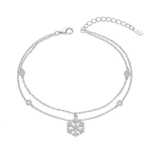 925 Silver Double Chain Bracelet with Snowflake CZ Charm