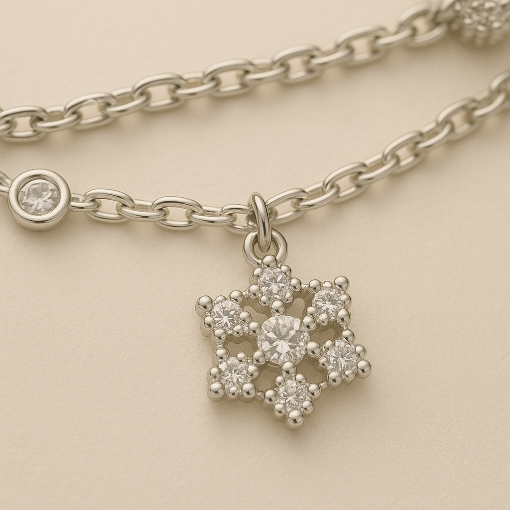 925 Silver Double Chain Bracelet with Snowflake CZ Charm