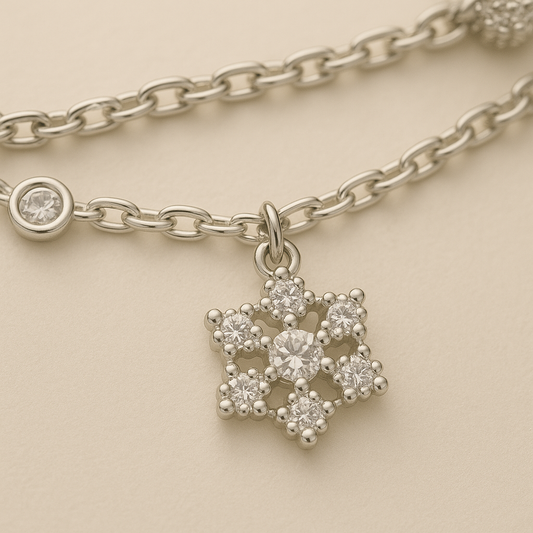 925 Silver Double Chain Bracelet with Snowflake CZ Charm