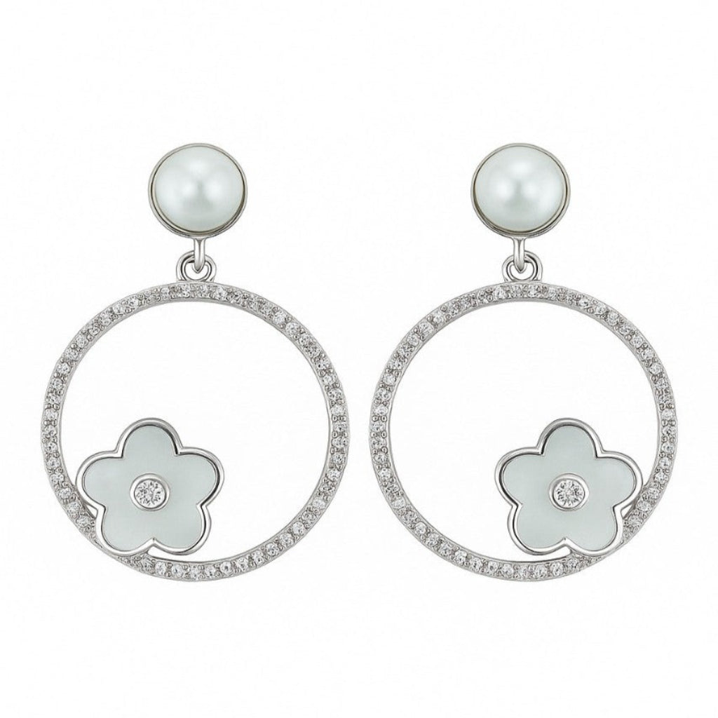 925 Silver Hoop Earrings with Pearl Stud & Enamel Floral Charm