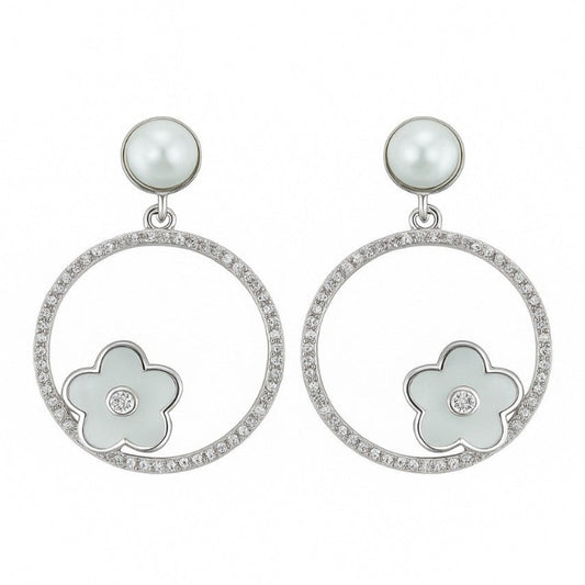 925 Silver Hoop Earrings with Pearl Stud & Enamel Floral Charm