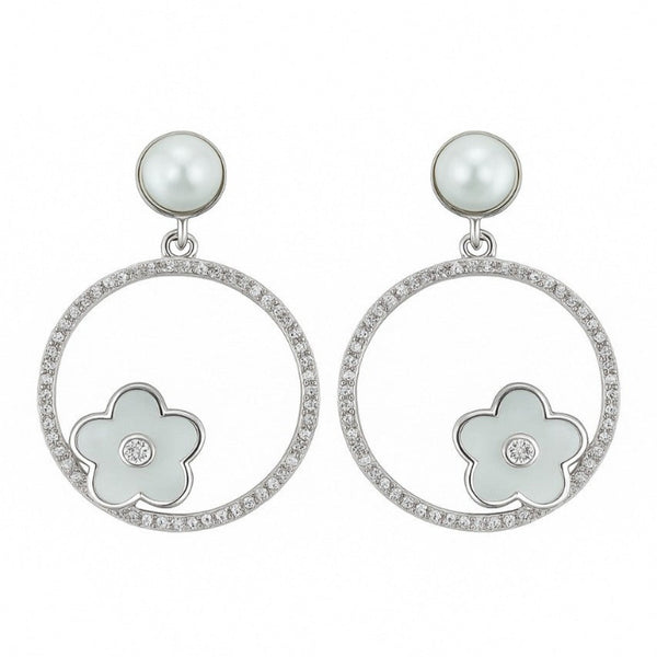 925 Silver Hoop Earrings with Pearl Stud & Enamel Floral Charm