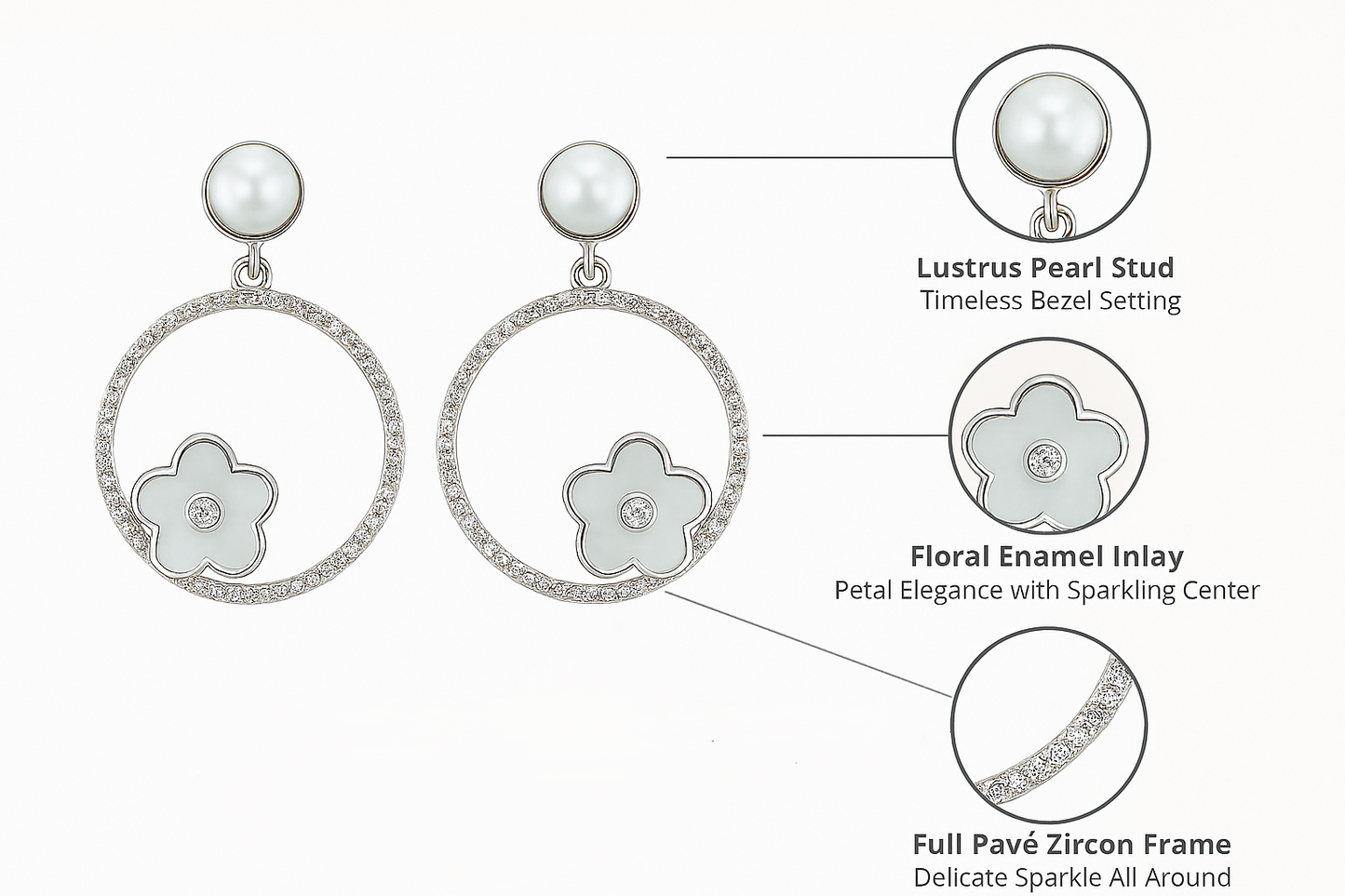 925 Silver Hoop Earrings with Pearl Stud & Enamel Floral Charm