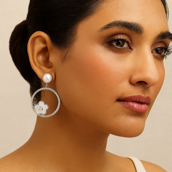 925 Silver Hoop Earrings with Pearl Stud & Enamel Floral Charm