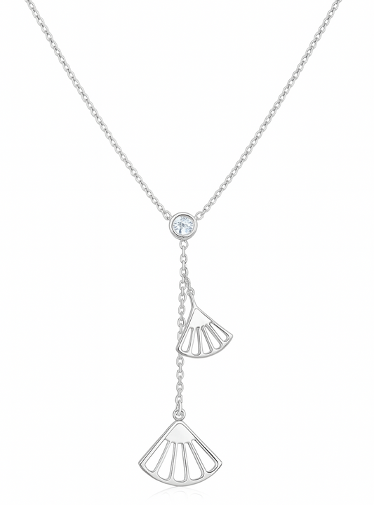 925 Sterling Silver Geometric Fan Pendant Necklace with CZ Drop Chain