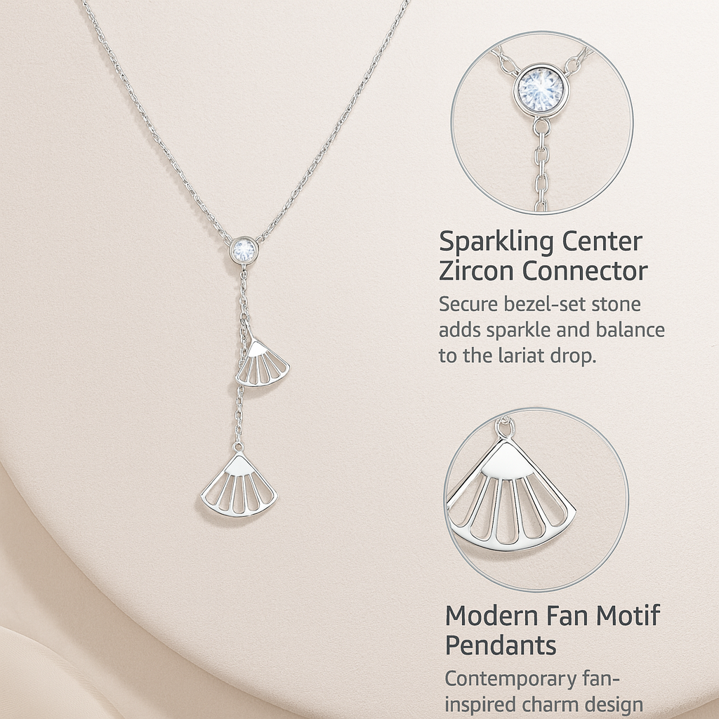 925 Sterling Silver Geometric Fan Pendant Necklace with CZ Drop Chain