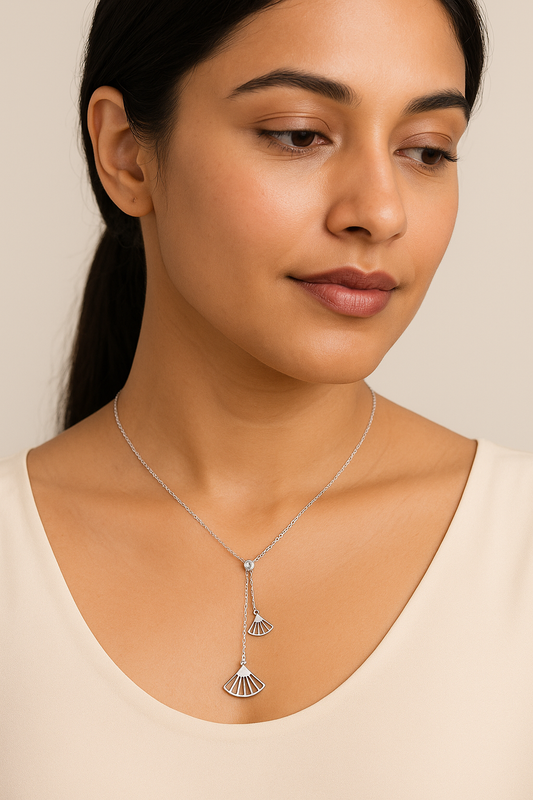 925 Sterling Silver Geometric Fan Pendant Necklace with CZ Drop Chain