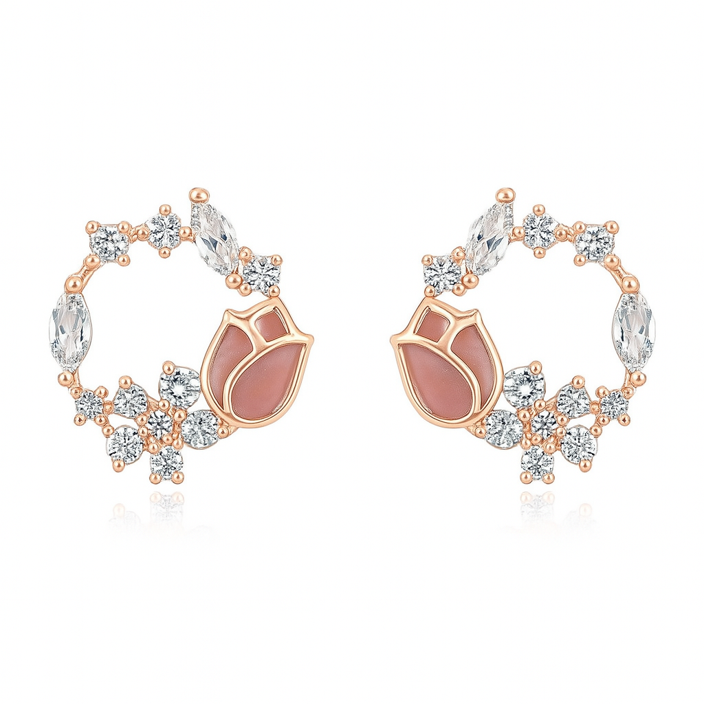 925 Silver Rose Blossom Hoop Earrings with CZ & Enamel Detailing