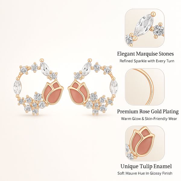 925 Silver Rose Blossom Hoop Earrings with CZ & Enamel Detailing