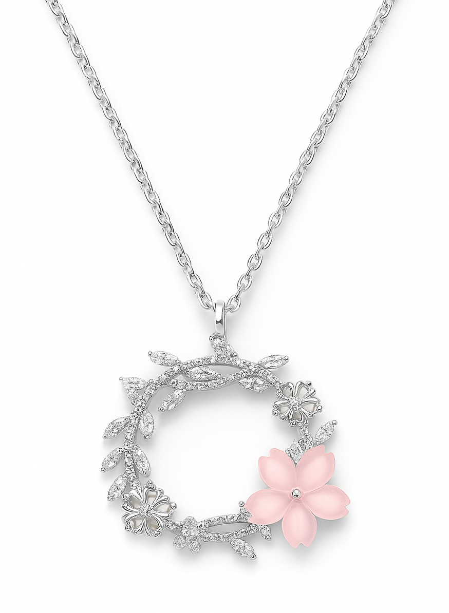 925 Sterling Silver Floral Wreath Pendant Necklace with Pink Blossom & CZ Accents