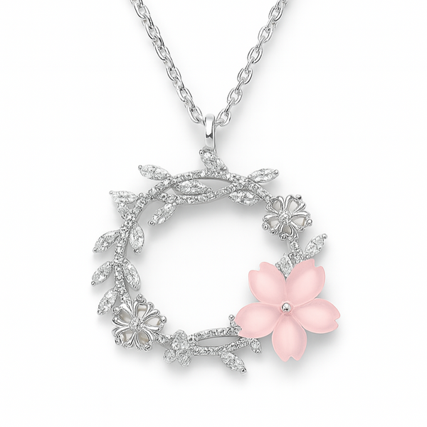 925 Sterling Silver Floral Wreath Pendant Necklace with Pink Blossom & CZ Accents