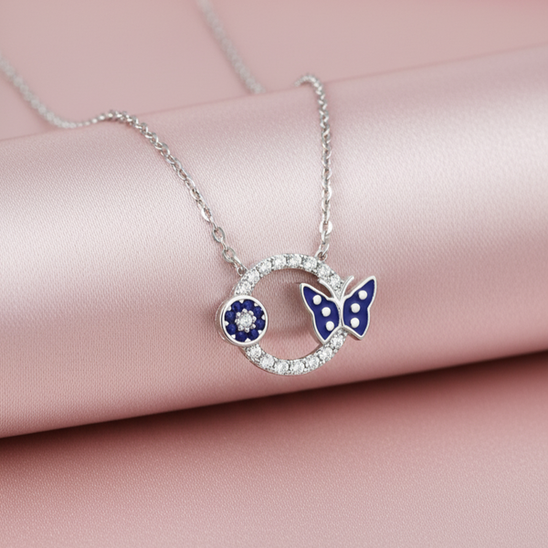 925 Sterling Silver Blue Enamel Butterfly & Floral Charm Necklace