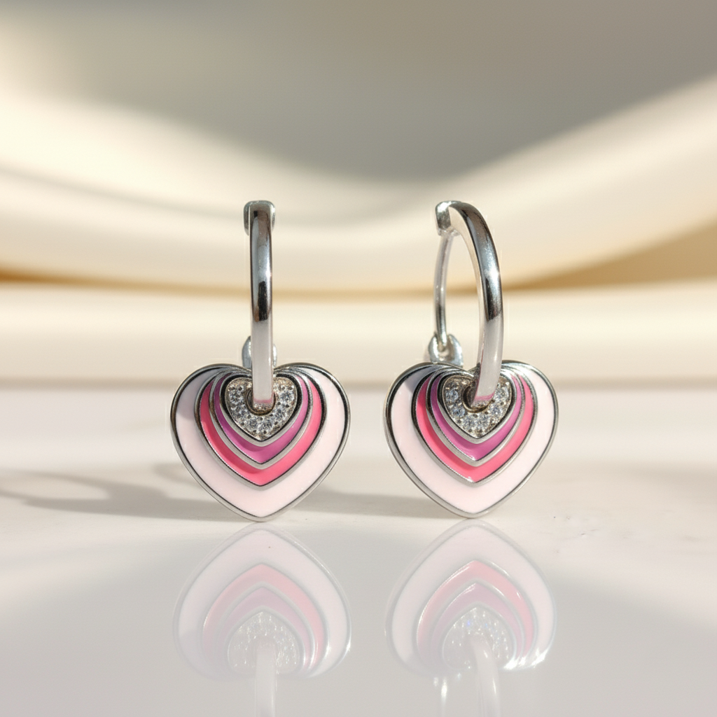 925 Silver Heart Hoop Earrings with Pink Enamel & Cubic Zirconia Accents